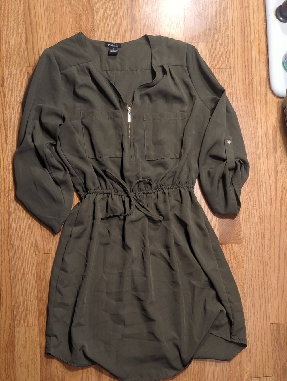 Rue21 Olive Drawstring Zip-Front Long Sleeve Dress